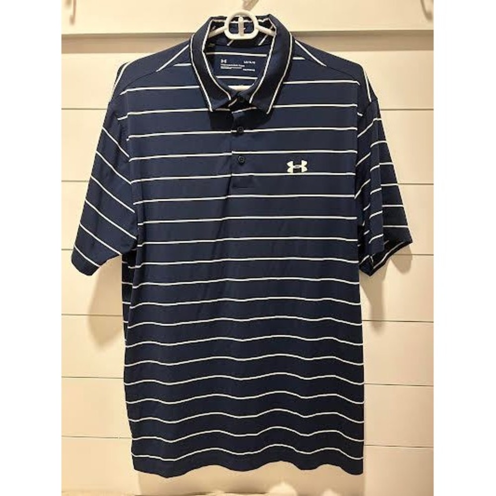 Under Armour Mens HeatGear Striped Polo Shirt Navy Blue White L Country Club